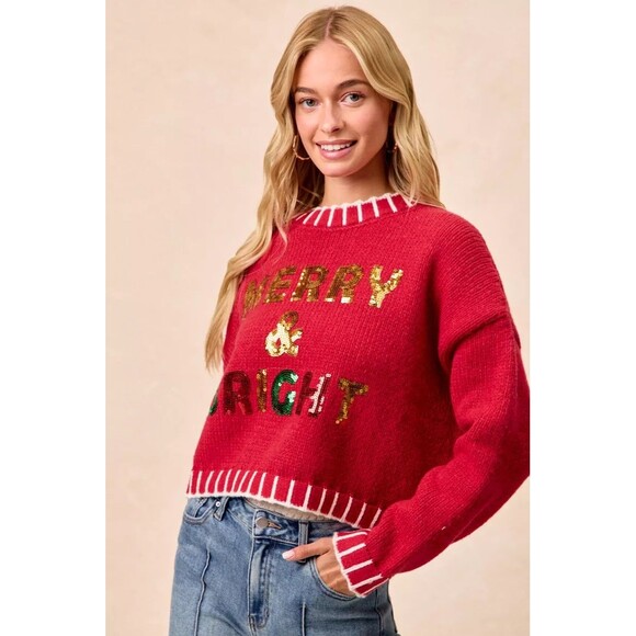 BiBi Christmas Theme Sequin Lattering Sweater NWT - Picture 8 of 16